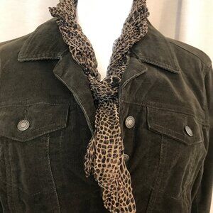 Chico's Olive Green Corduroy Jacket with Animal Print Scarf